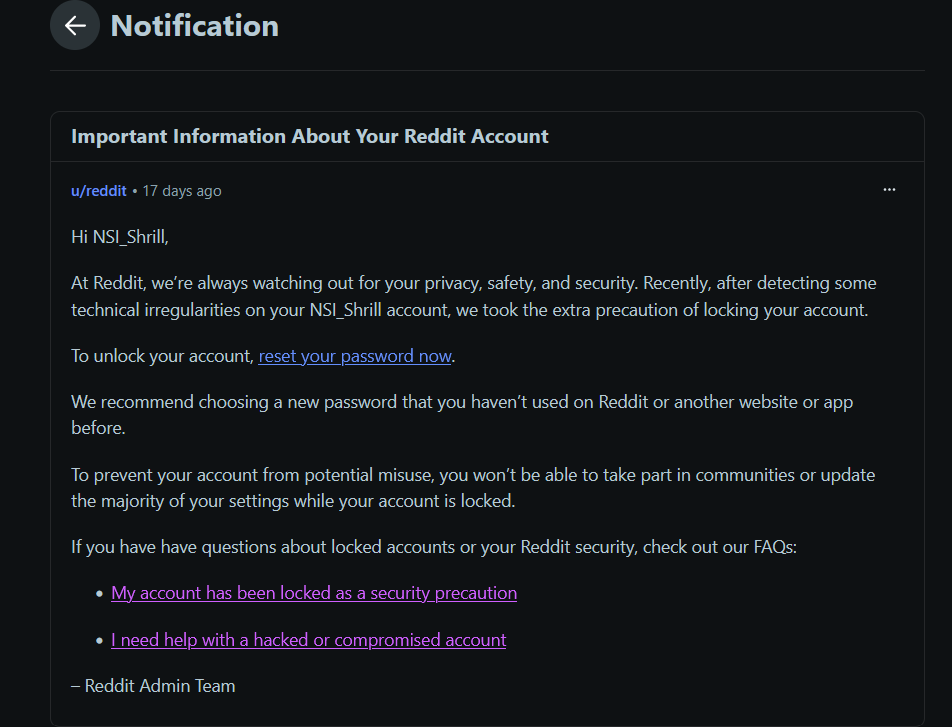 Reddit reset password notification